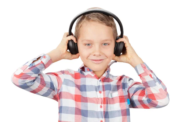 Niño Escuchando Música Con Auriculares Aislado Sobre Fondo Blanco — Foto de Stock