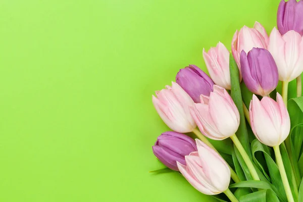 Ramo Flores Tulipán Rosa Sobre Fondo Verde Plantilla Tarjeta Felicitación —  Fotos de Stock