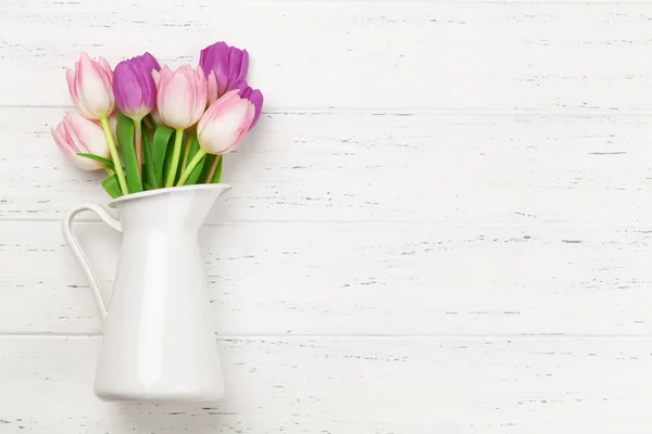 Tulipano Rosa Fiori Bouquet Sfondo Legno Modello Biglietto Auguri Con — Foto Stock