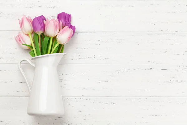 Roze Tulp Bloemen Boeket Houten Achtergrond Wenskaart Template Met Kopieerruimte — Stockfoto