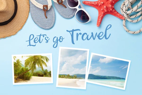 Lets Travel Concept Card Summer Vacation Items Accessories Holiday Photos — Stock Photo, Image