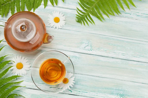 Herbal Tea Teapot Cup Wooden Table Top View Copy Space — Stock Photo, Image