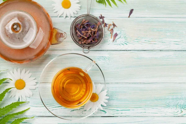 Herbal Tea Teapot Cup Wooden Table Top View Copy Space — Stock Photo, Image