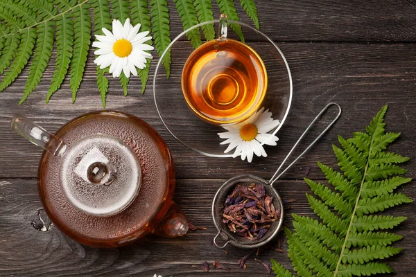 Herbal Tea Teapot Cup Wooden Table Top View Flat Lay — Stock Photo, Image