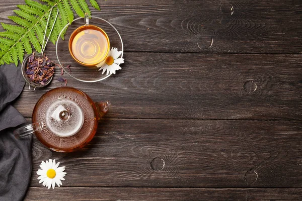 Herbal Tea Teapot Cup Wooden Table Top View Copy Space — Stock Photo, Image