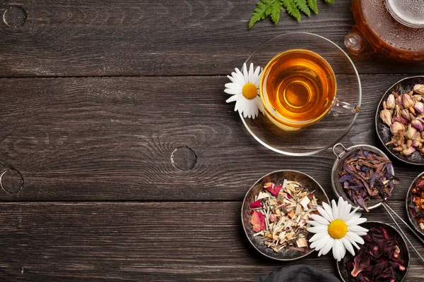 Various Herbal Dry Tea Teapot Cup Wooden Table Top View — Stock Photo, Image