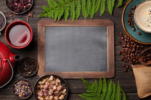 Various Herbal Tea Teapot Cup Espresso Coffee Wooden Table Top — Stock Photo, Image