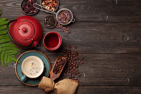 Különböző Gyógynövény Tea Teáskanna Csésze Espresso Kávé Asztalon Felülnézet Fénymásoló — Stock Fotó