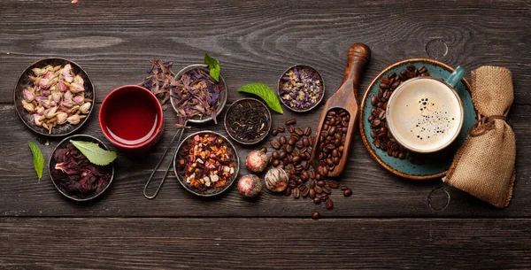 Különböző Gyógynövény Tea Eszpresszó Kávé Asztalon Első Látásra Lapos Fektetés — Stock Fotó