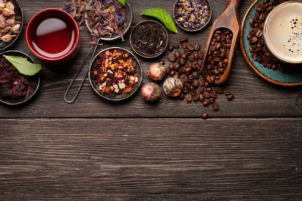 Various Herbal Tea Espresso Coffee Wooden Table Top View Copy — Stock Photo, Image