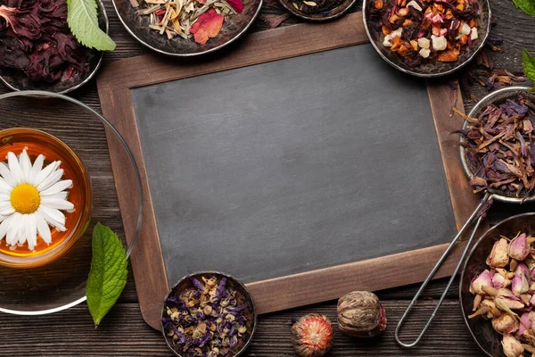 Various Herbal Dry Tea Cup Wooden Table Top View Chalkboard — Stock Photo, Image