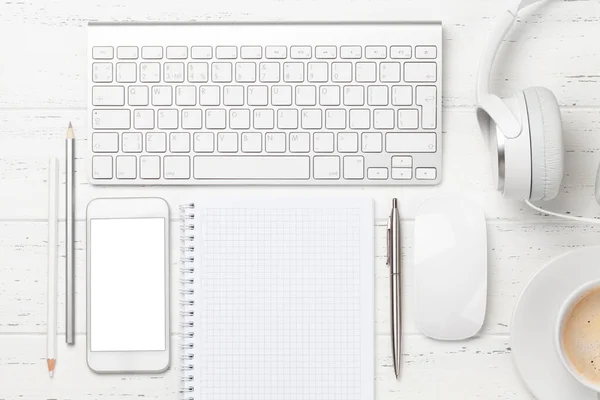 Workplace Desk Table Smartphone Supplies Coffee Cup Top View Space — Stock Photo, Image