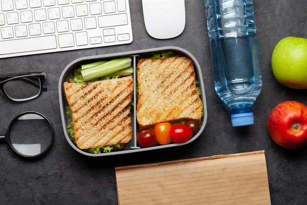 Healthy Lunch Box Sandwich Vegetables Office Table Top View Flat — Stock Photo, Image