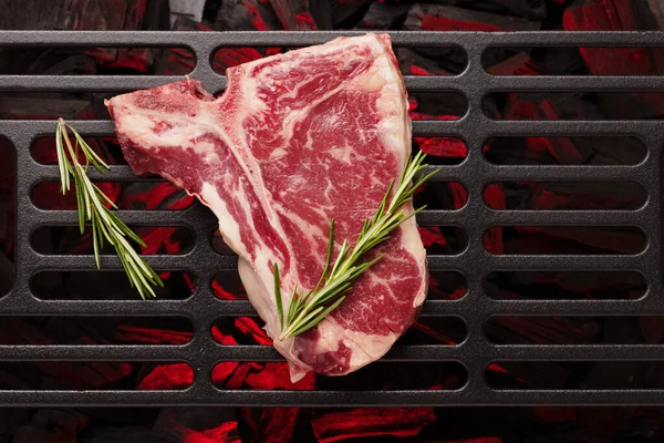 Raw Bone Beef Steak Cooking Grill Top View Flat Lay — Stock Photo, Image