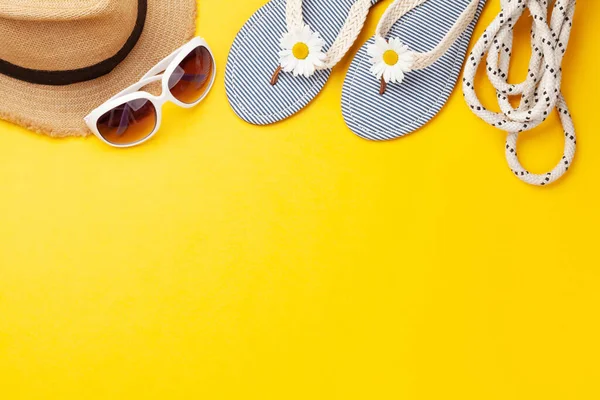 Summer Vacation Items Accessories Flip Flops Sunglasses Sun Hat Yellow — Stock Photo, Image