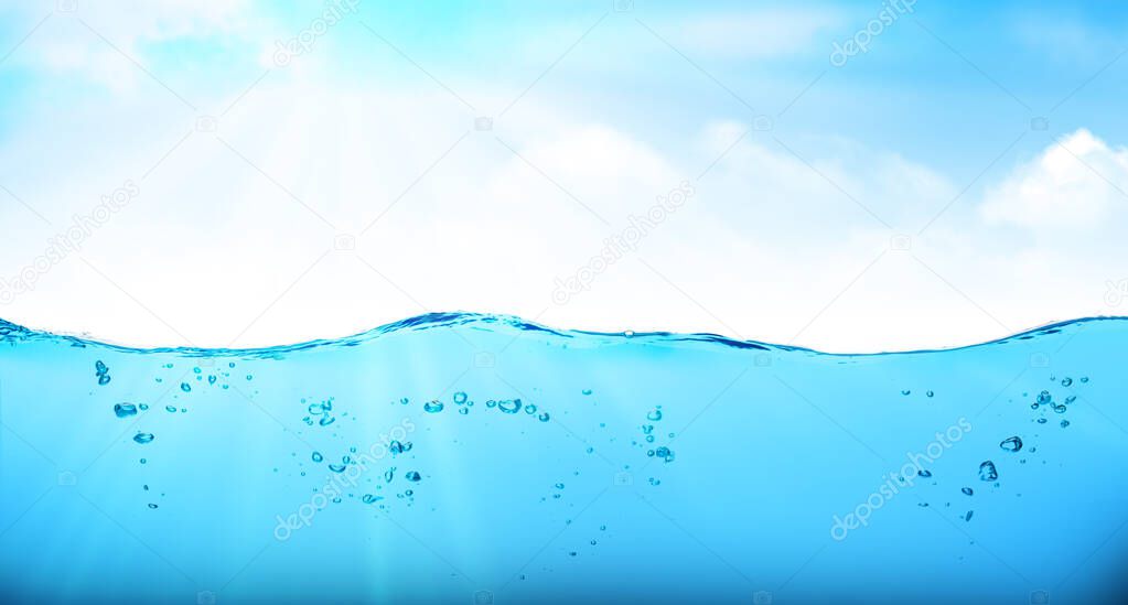 Summer tropical sea landscape with underwater space and sky with clouds. Wide backdrop