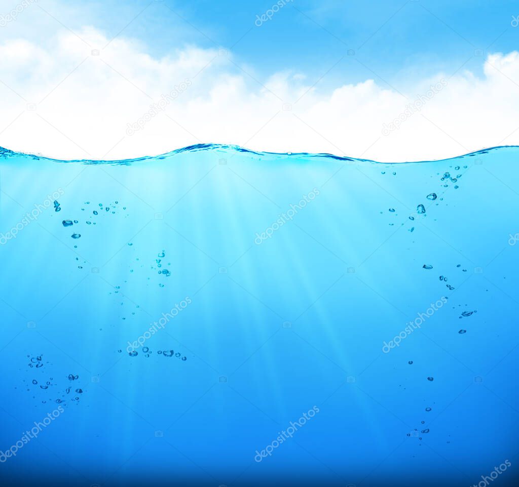 Summer tropical sea landscape with underwater space and sky with clouds