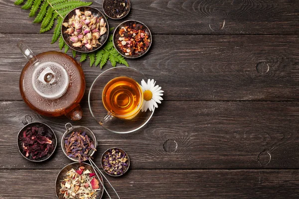 Various Herbal Dry Tea Teapot Cup Wooden Table Top View — Stock Photo, Image