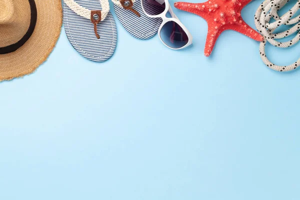 Summer Vacation Items Accessories Flip Flops Sunglasses Sun Hat Blue — Stock Photo, Image