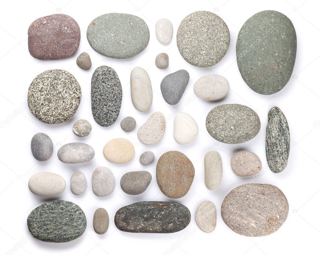 Set of various sea stones. Isolated on white background. Top view flat lay