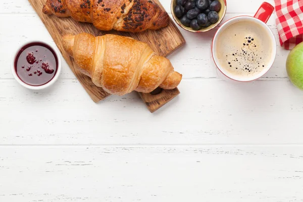 Breakfast Coffee Croissant Top View Wooden Table Flat Lay Copy — Stock Photo, Image