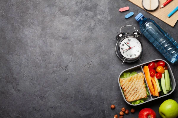 School Lunch Box Education Stationery Stone Table Top View Copy — Stock Photo, Image