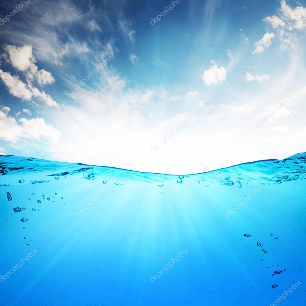 Summer tropical sea landscape with sunny sky and underwater space