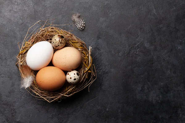 Taş Zeminde Beyaz Kahverengi Bıldırcın Yumurtaları Paskalya Tebrik Kartı Kopyalama — Stok fotoğraf