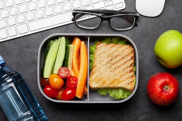 Healthy Lunch Box Sandwich Vegetables Office Table Top View Flat — Stock Photo, Image