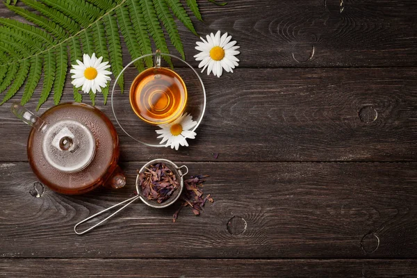 Herbal Tea Teapot Cup Wooden Table Top View Copy Space — Stock Photo, Image