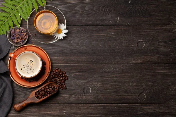 Kruidenthee Espresso Koffie Houten Tafel Bovenaanzicht Met Kopieerruimte Vlakke Plaat — Stockfoto
