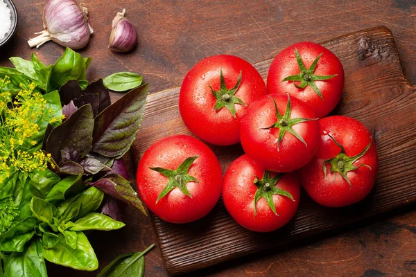 Ingredientes Cocina Italiana Huerta Tomates Hierbas Especias Vista Superior Puesta —  Fotos de Stock