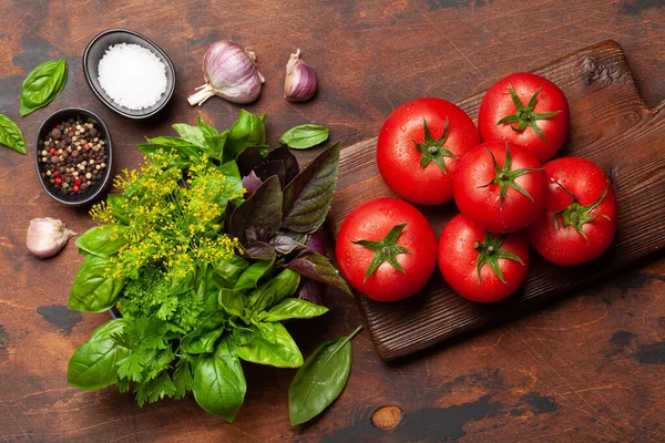 Ingrédients Cuisine Italienne Tomates Jardin Herbes Épices Vue Dessus Pose — Photo