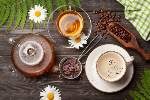 Herbal Tea Teapot Cup Espresso Coffee Wooden Table Top View — Stock Photo, Image