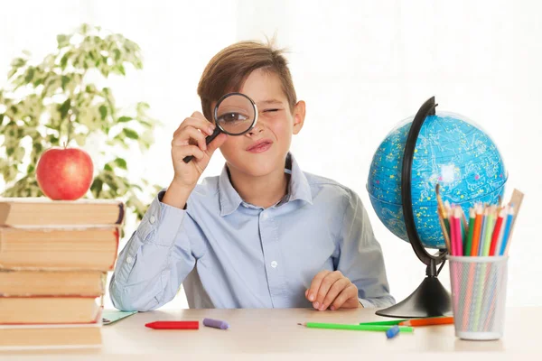 Young Schoolboy Sitting Table Doing Homework Elementary Education Concept — Stock Photo, Image