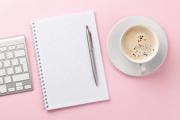 Pink Workplace Desk Table Computer Notepad Coffee Top View Space — Stock Photo, Image