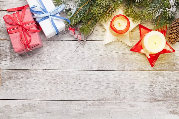 Carte Voeux Noël Avec Sapin Coffrets Cadeaux Bougies Sur Fond — Photo