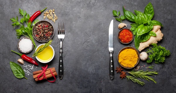 Various Spices Herbs Condiments Dark Stone Table Indian Cuisine Top — Stock Photo, Image