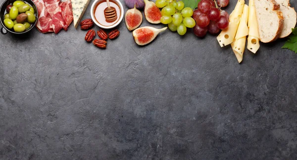 Antipasto Plate Prosciutto Cheese Figs Grapes Appetizer Board Top View — Stock Photo, Image