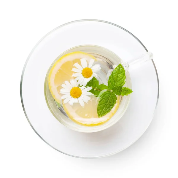 Green Herbal Tea Cup Mint Chamomile Isolated White Background Top — Stock Photo, Image