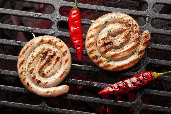 Hot Spicy Grilled Sausages Coal Grill Top View Flat Lay — Stock Photo, Image