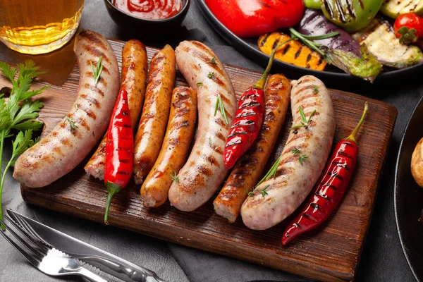 Grilled Sausages Vegetables Spices Herbs — Stock Photo, Image