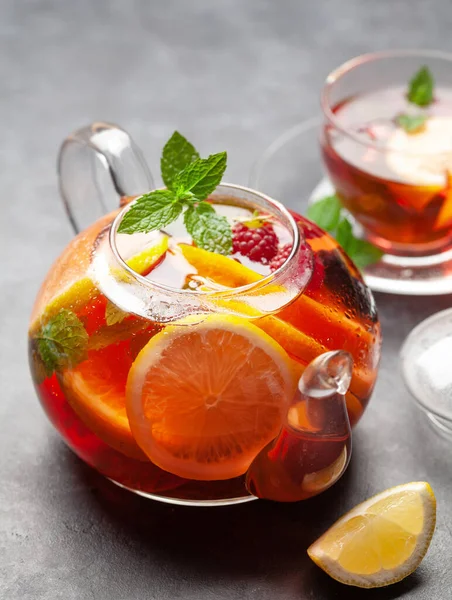 Traditional Fruit Tea Teapot Lemon Berries Mint — Stock Photo, Image