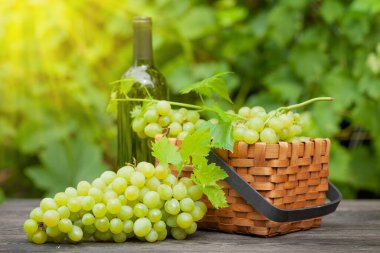 Beyaz şarap şişesi ve olgunlaşmış üzüm üzüm bağındaki ahşap masada.