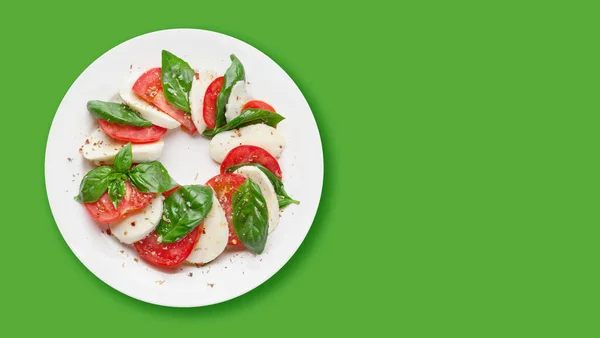 Caprese Salad Mozzarella Cheese Tomatoes Basil Herb Leaves Top View — Stock Photo, Image