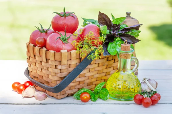 Italian Cuisine Ingredients Ripe Tomatoes Herbs Spices Garden Table — Stock Photo, Image