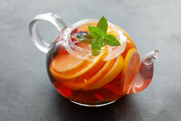 Traditional Fruit Tea Teapot Lemon Berries Mint — Stock Photo, Image