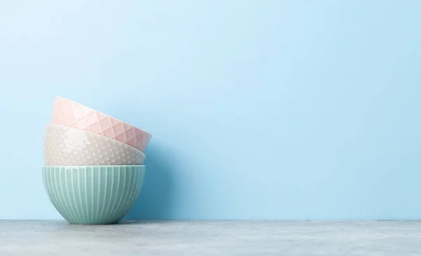 Kitchen Bowl Dishes Front Blue Background Copy Space — Stock Photo, Image