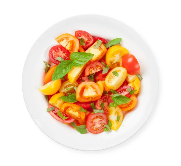 Fresh Colorful Tomatoes Basil Salad Top View Flat Lay Isolated — Stock Photo, Image