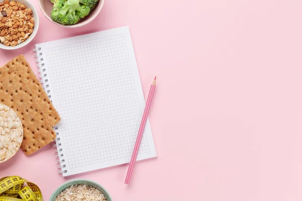 Gesunde Ernährung Und Gewichtsverlust Konzept Flachlage Von Oben Mit Notizblock — Stockfoto